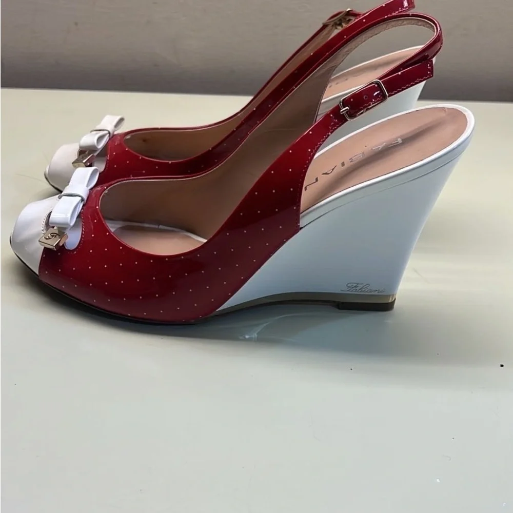 GIOVANNI FABIANI MADE IN ITALY LEATHER Red and White Wedge Slingback Sandals